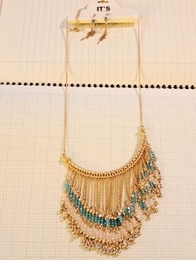 NWT Set Earrings & Gold Fringe Necklace w/ Turquoise & White Beads by It's Sense